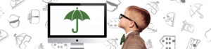 McGowan kid looking at screen with umbrella insurance icon